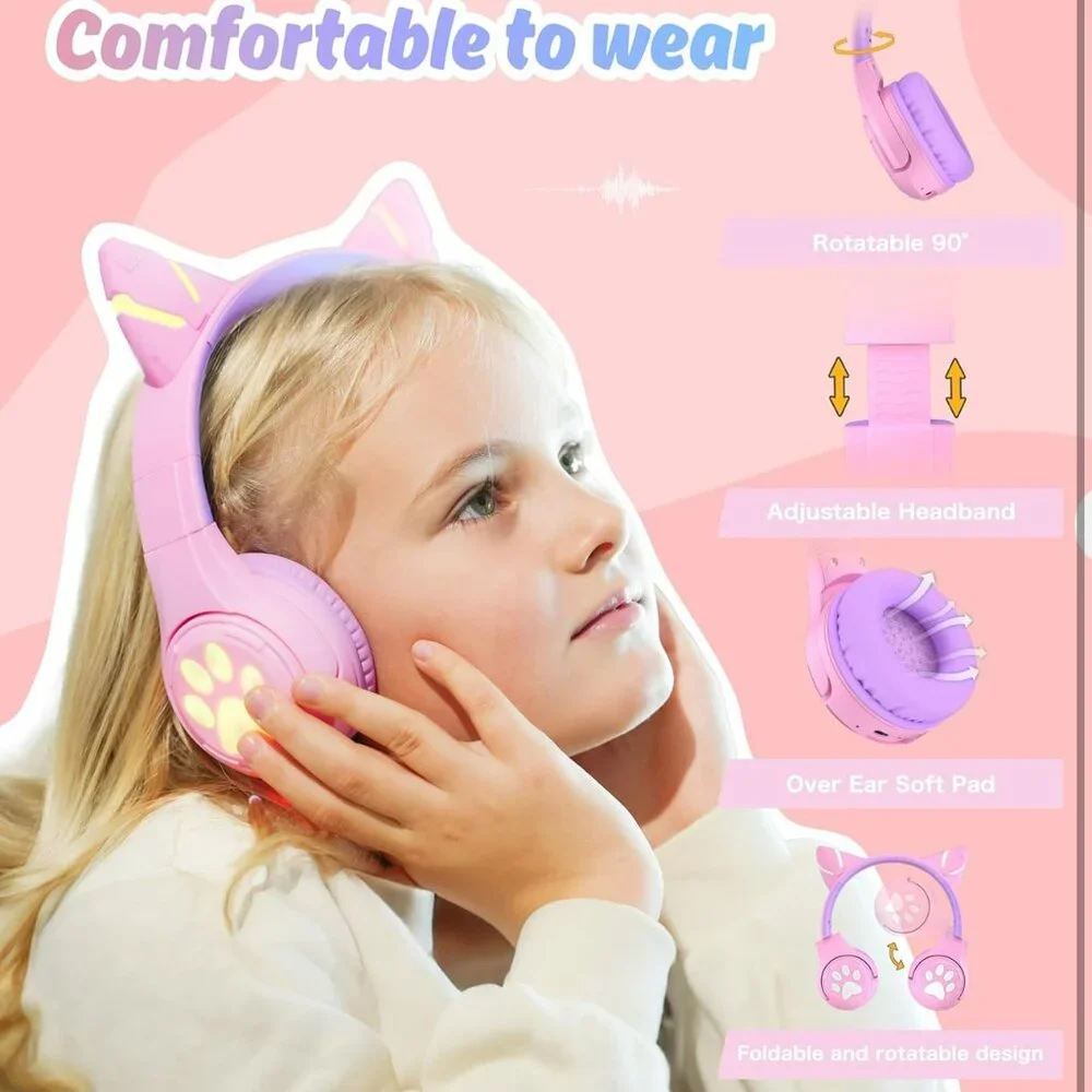 NEW Cat Ear Kids Wireless & Wired Bluetooth Headphones with LED Light Up
